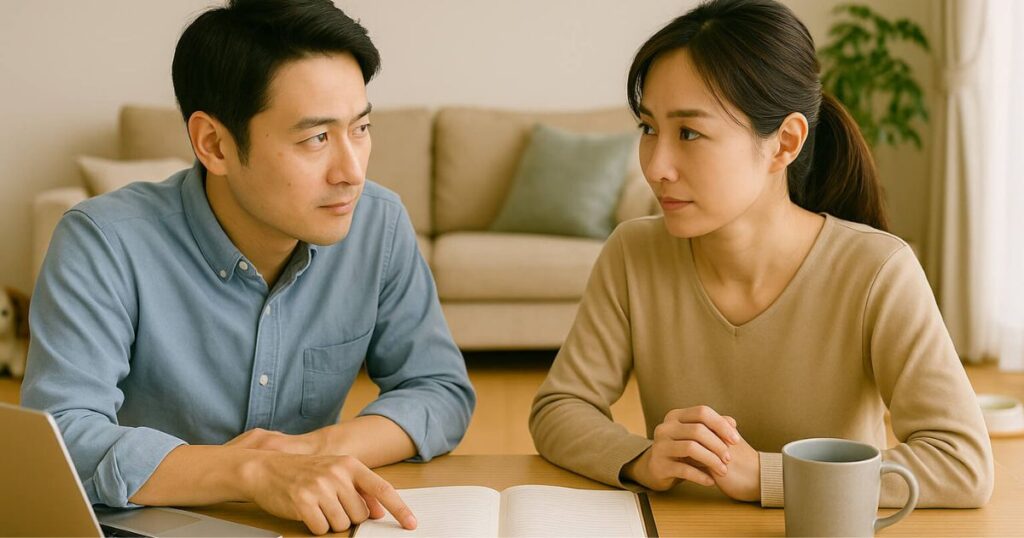 家計簿を広げてリビングで話し合う共働き夫婦。机には電卓やマグカップが置かれ、日差しが差し込む明るい部屋に生活感のある小物も見える。