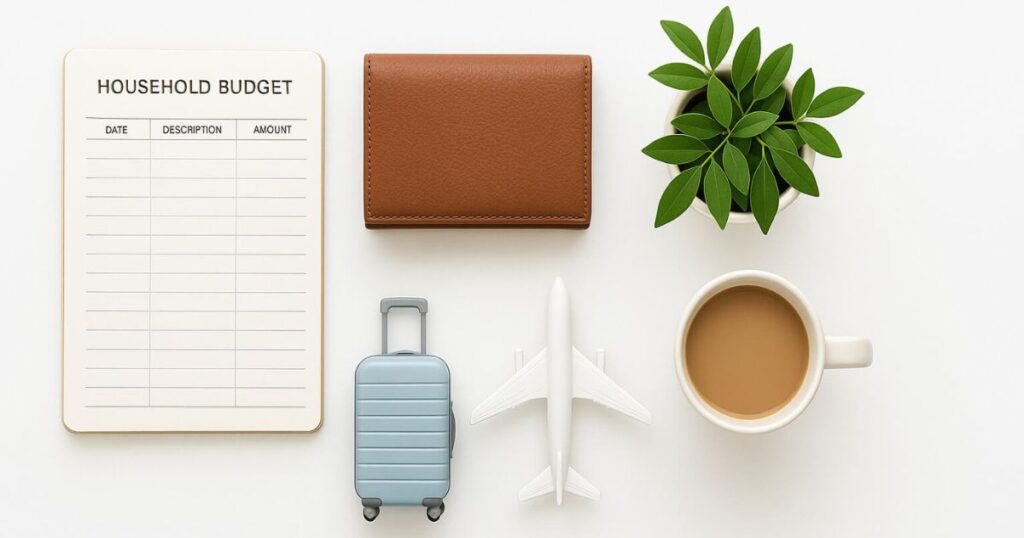 白い背景に家計簿、財布、観葉植物、カップ、旅行アイテム(スーツケースと飛行機)が整然と並べられたフラットレイアウト。節約と楽しみの両立を象徴する構図