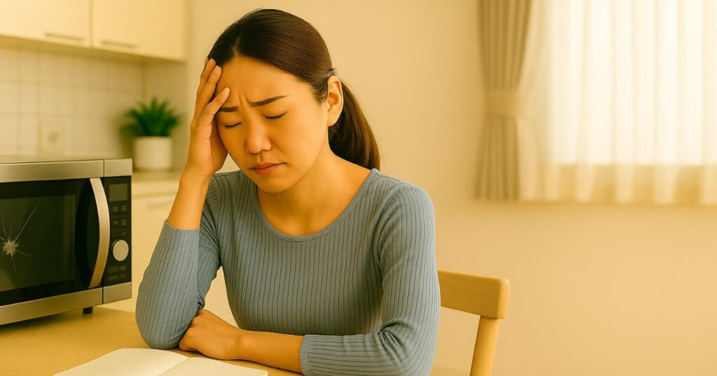 電子レンジの故障に困っている30代女性。頭を抱えて予備費の必要性を考えている様子。キッチンにて自然光の入る明るい空間。